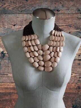 Multi-Strand Beige Statement Necklace with Faceted Beads